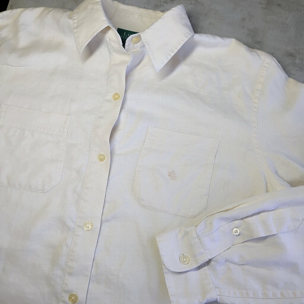 Lauren Ralph Lauren Shirt Women's Medium 100% Linen Button Up Beige Roll Tab
